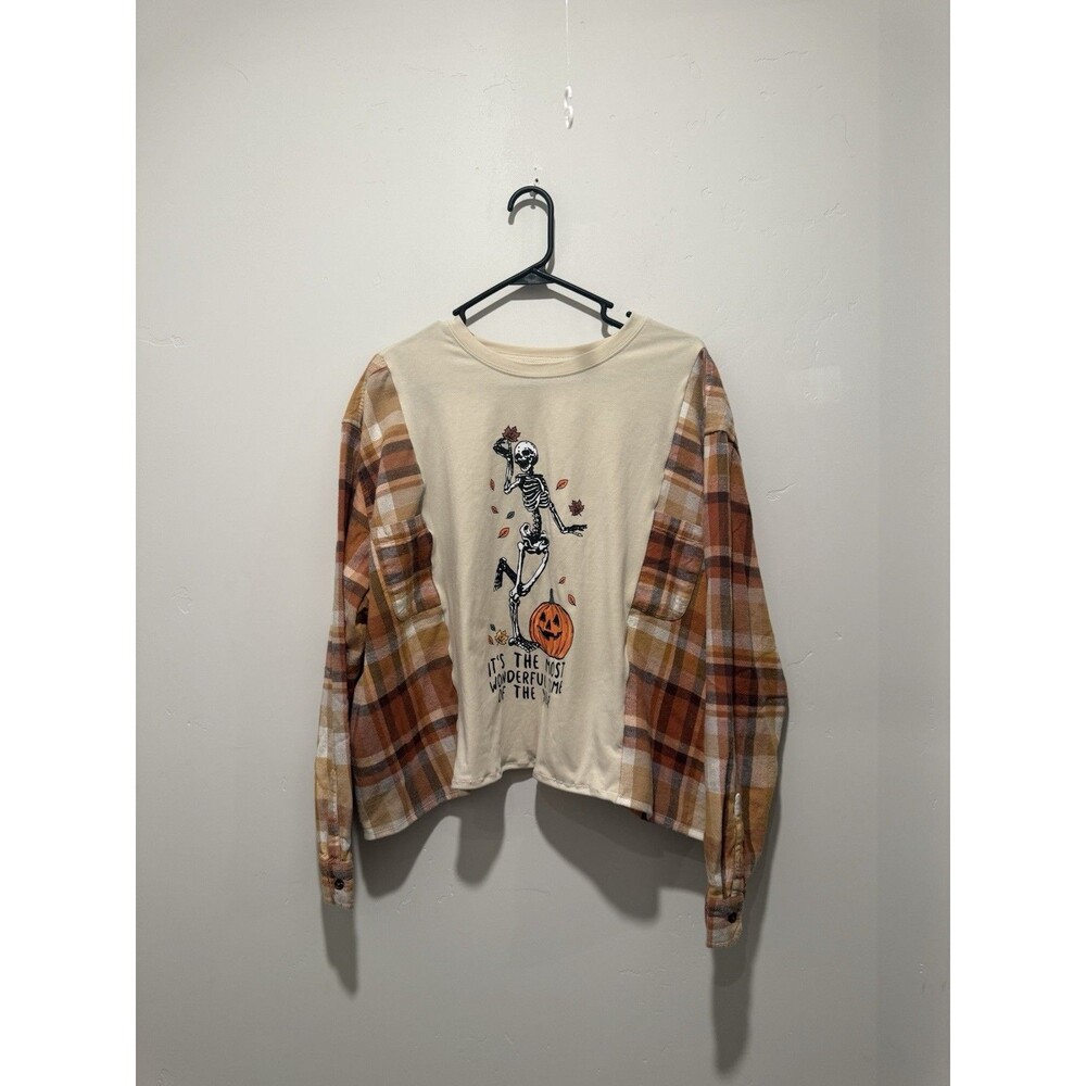 Reworked Upcycle Grunge Oversize Cozy Halloween Skeleton/Pumpkin Top  L/XL